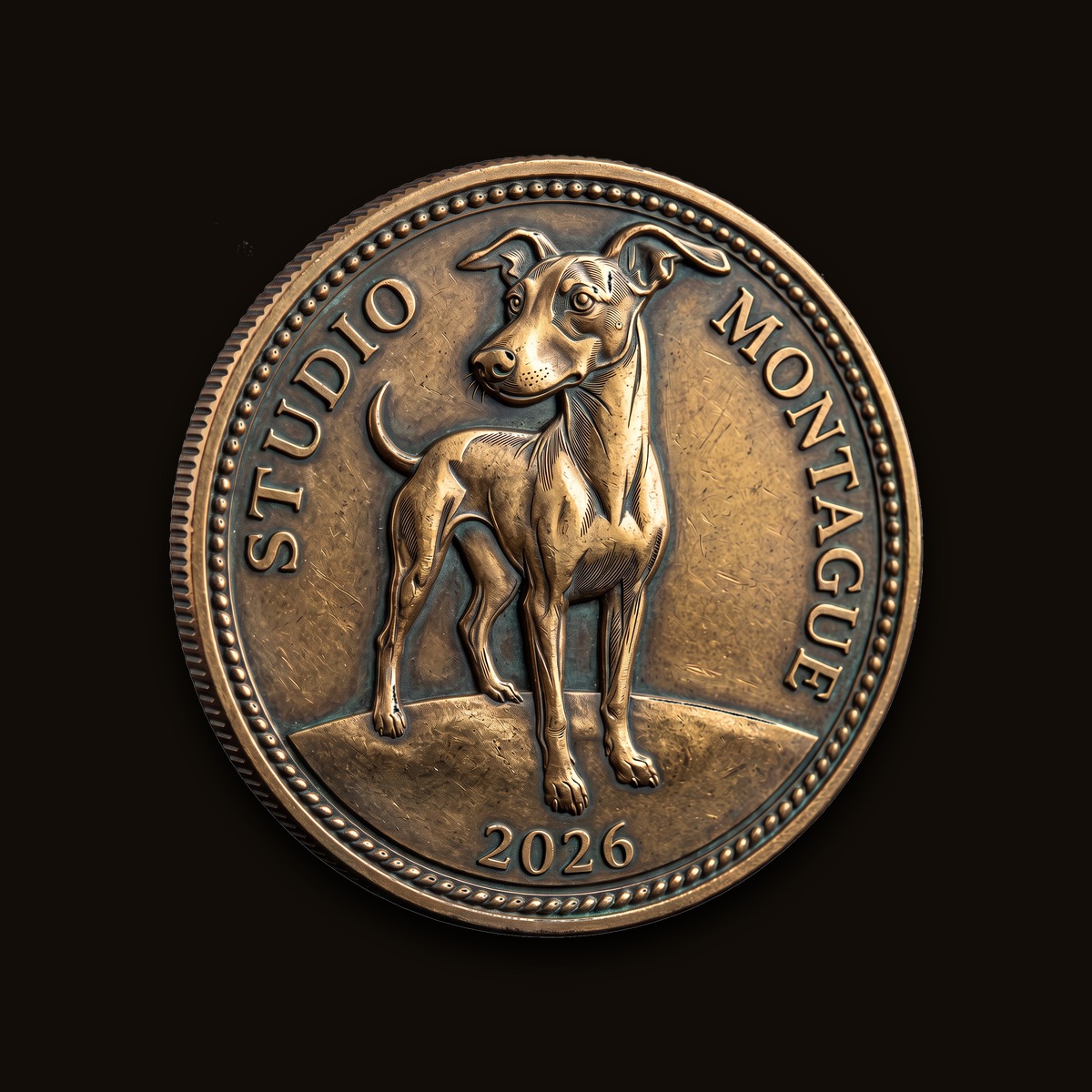 Studio Montague founding coin, featuring the studio's whippet mascot