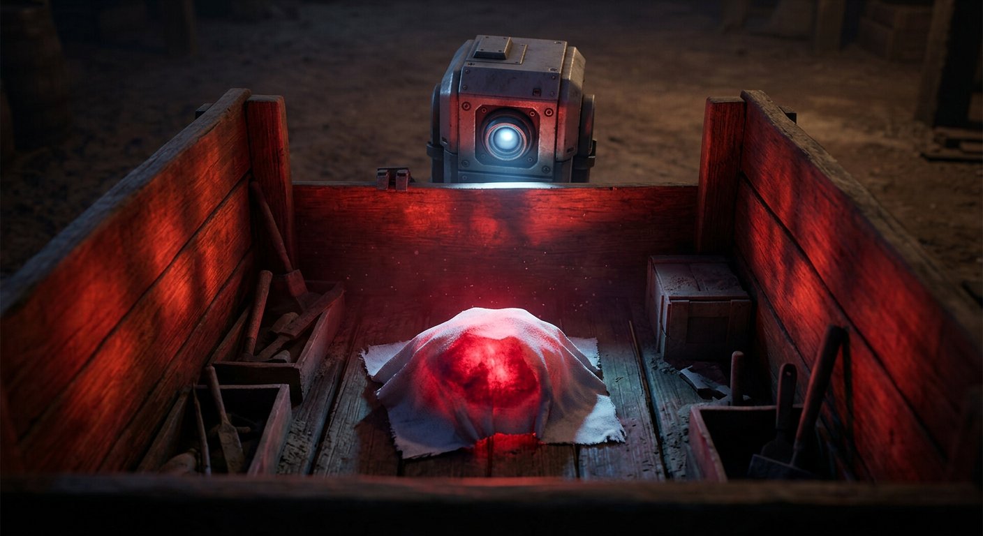 Concept render of the Seed.Runner robot discovering a glowing, cloth-covered cargo object in a wooden cart